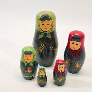 Russian Matryoshka Nesting Dolls Floral Scarf Dark Wood‎ Traditional Set 5 VTG